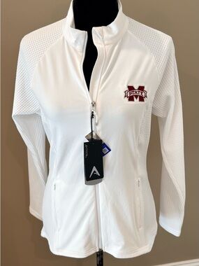 NWT Women’s ANTIGUA Mississippi State logo white zip up jacket- Size medium